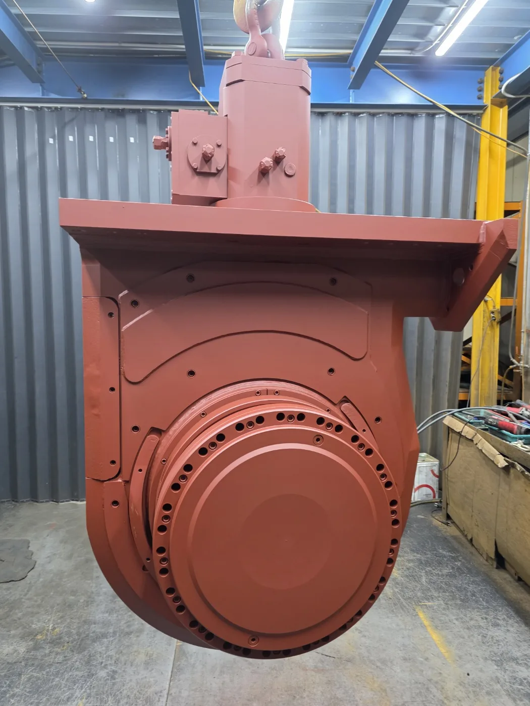 Primed BC40 gearbox viewed from the drive face before topcoat